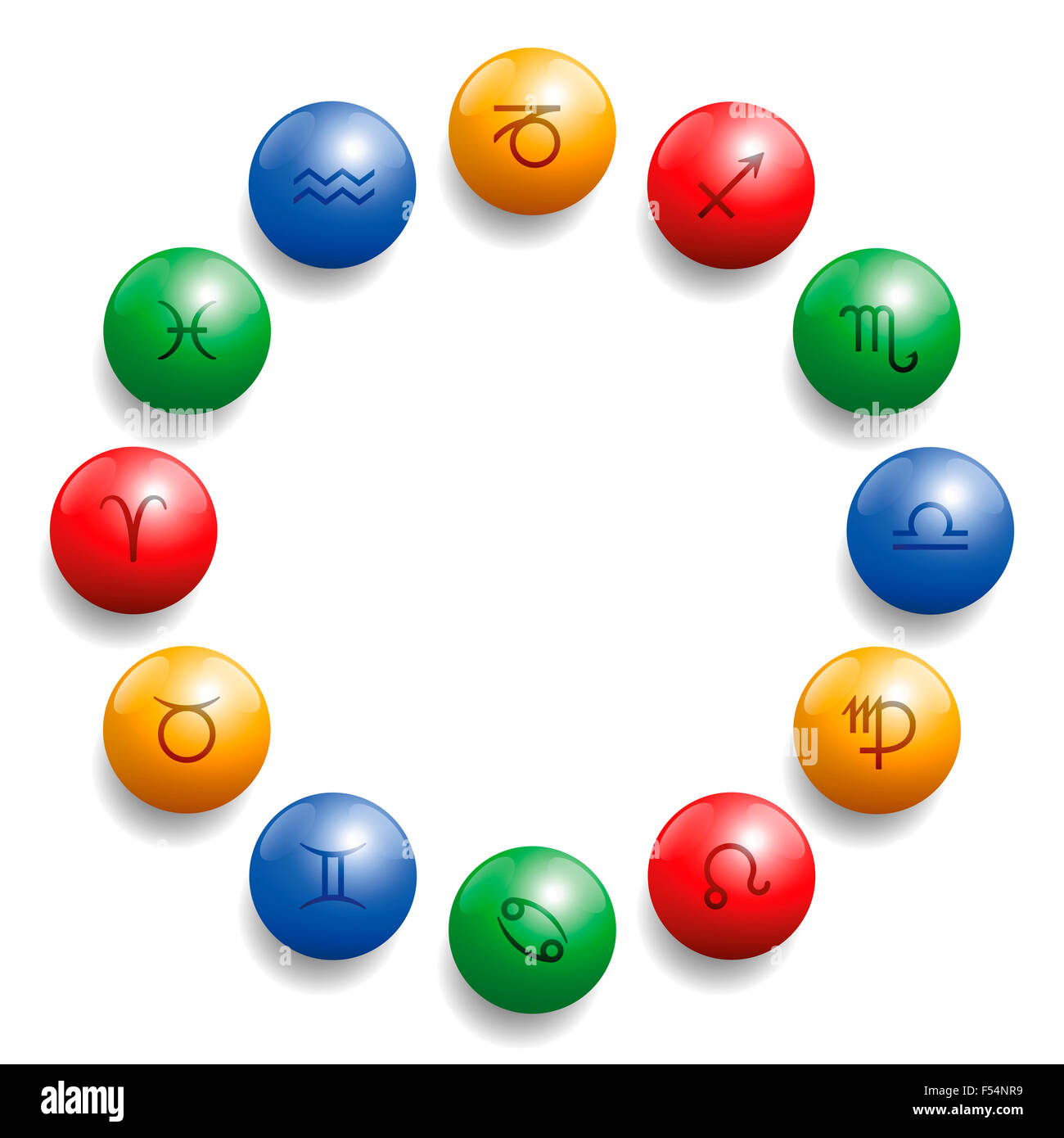Astrologia radix con dodici simboli su carta lucida colorata palle nel loro elemento appropriato colore. Foto Stock