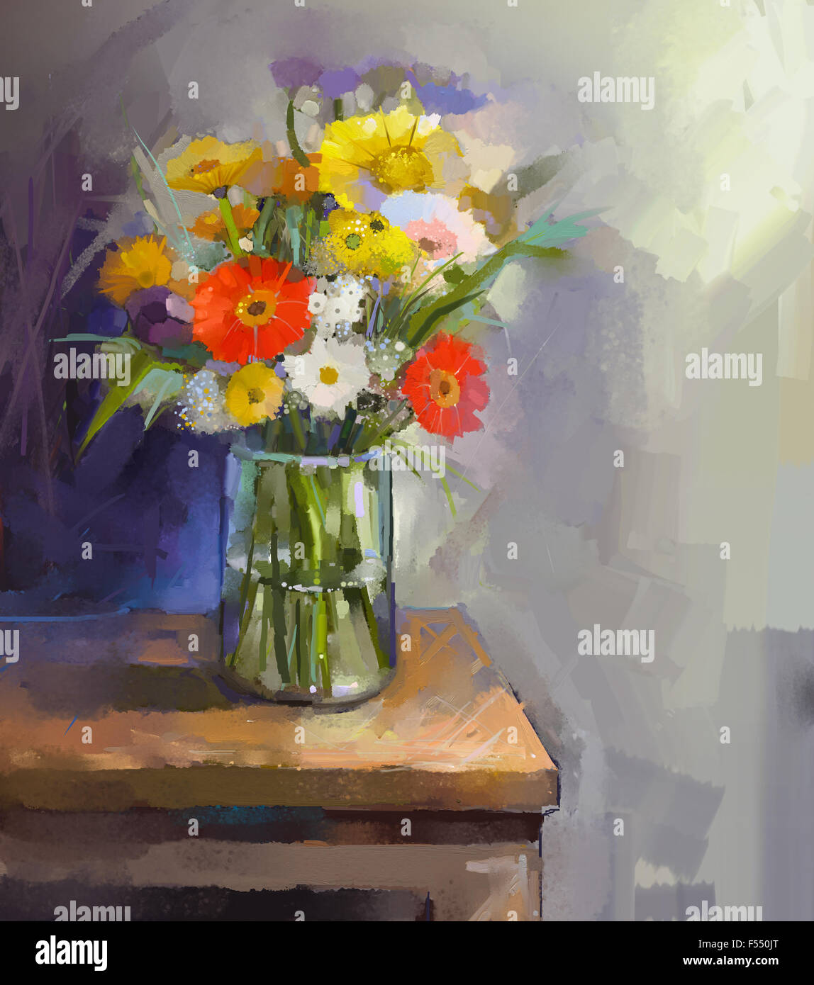 Pittura di olio bianco, il rosso e il giallo dei fiori in vaso di vetro nel vaso di vetro Foto Stock
