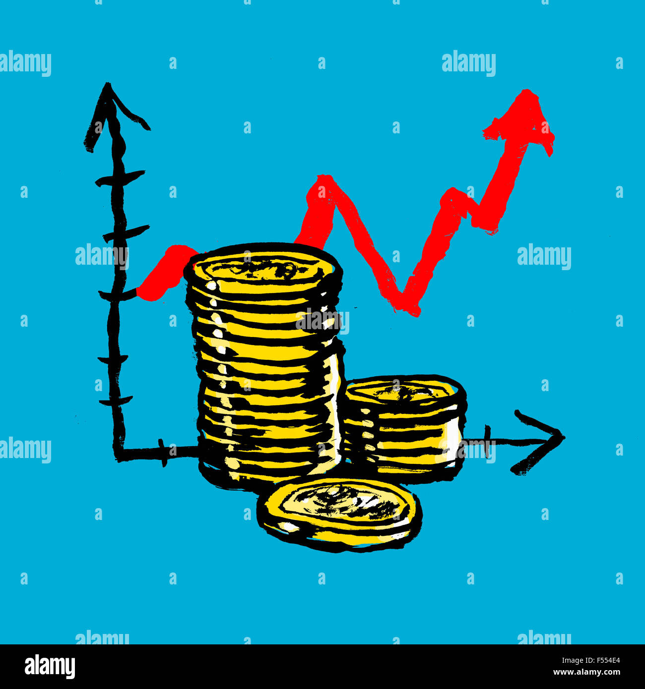 Illustrazione delle monete impilate con verso l'alto grafico mobile contro sfondo blu Foto Stock