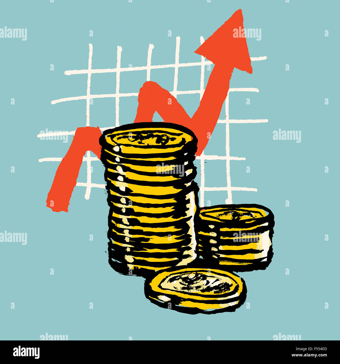 Illustrazione di una pila di monete con il progresso grafico contro sfondo blu Foto Stock