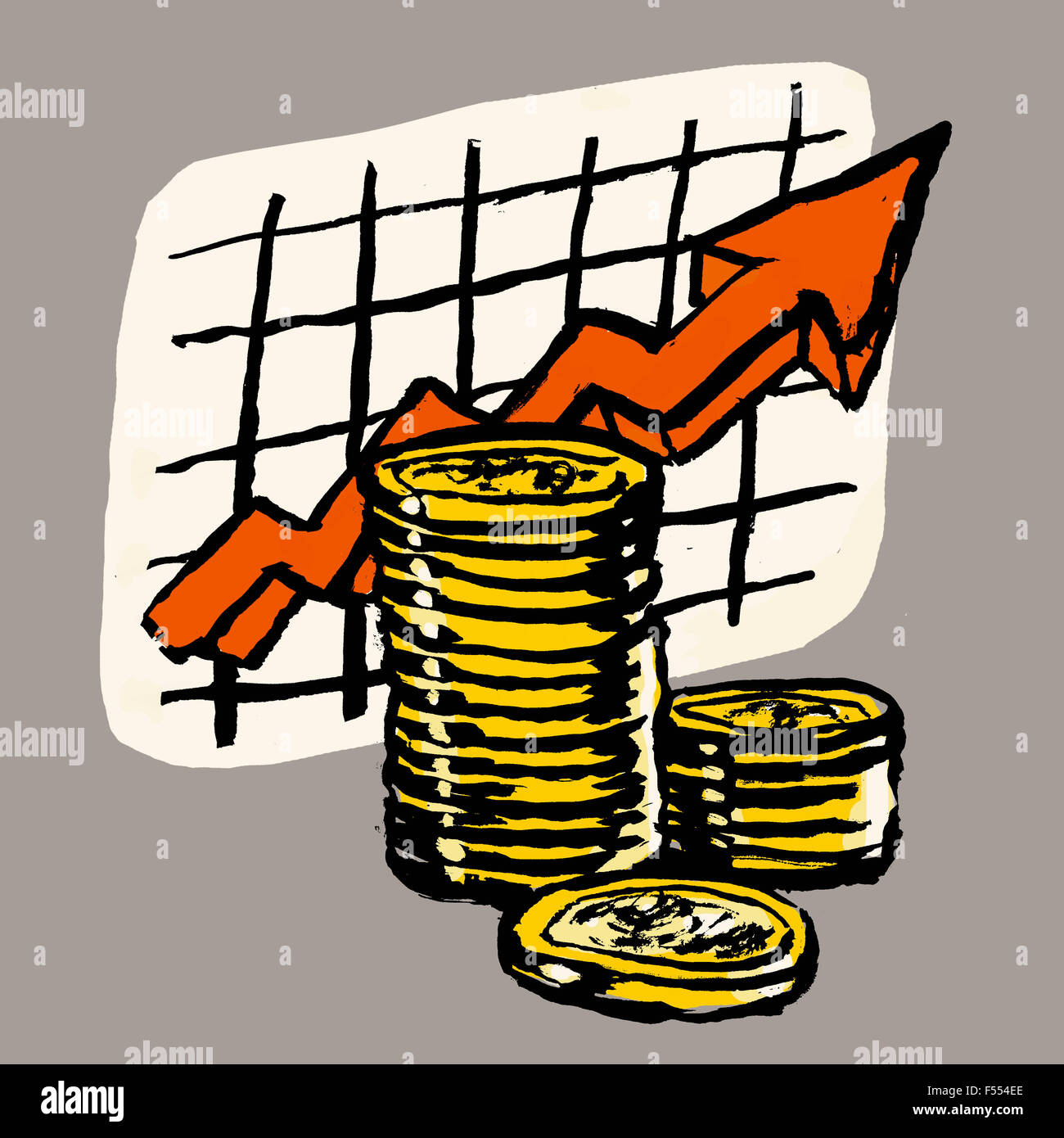 Illustrazione di monete con grafico di successo contro lo sfondo grigio Foto Stock