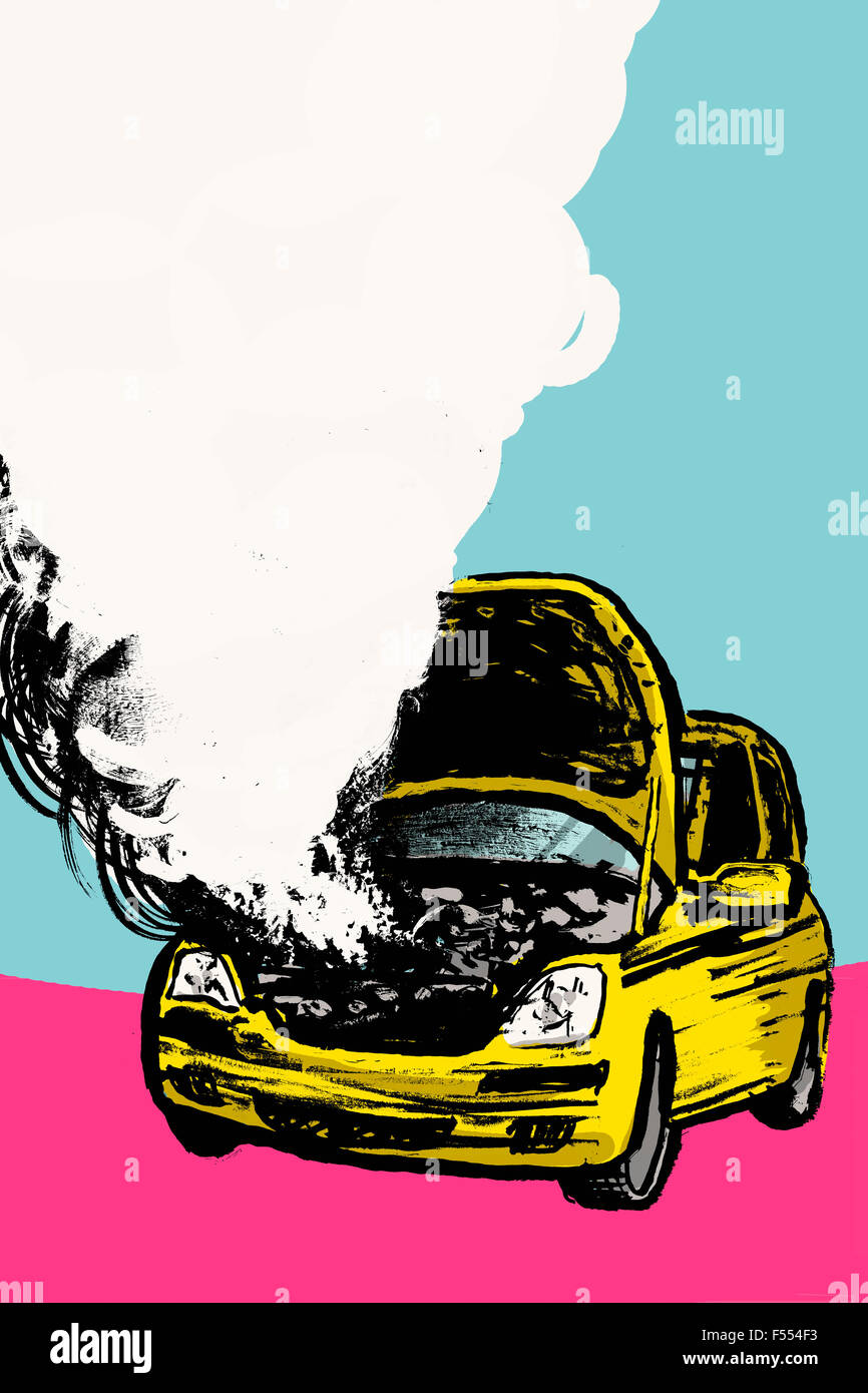 Illustrazione di fumo che esce dal motore auto contro sfondo blu Foto Stock