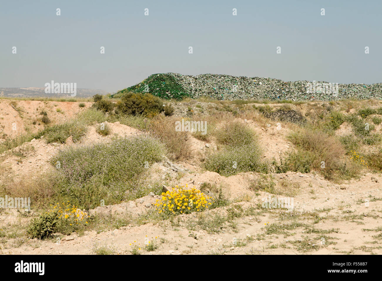 Vista panoramica del campo e il cumulo di rifiuti contro il cielo chiaro Foto Stock