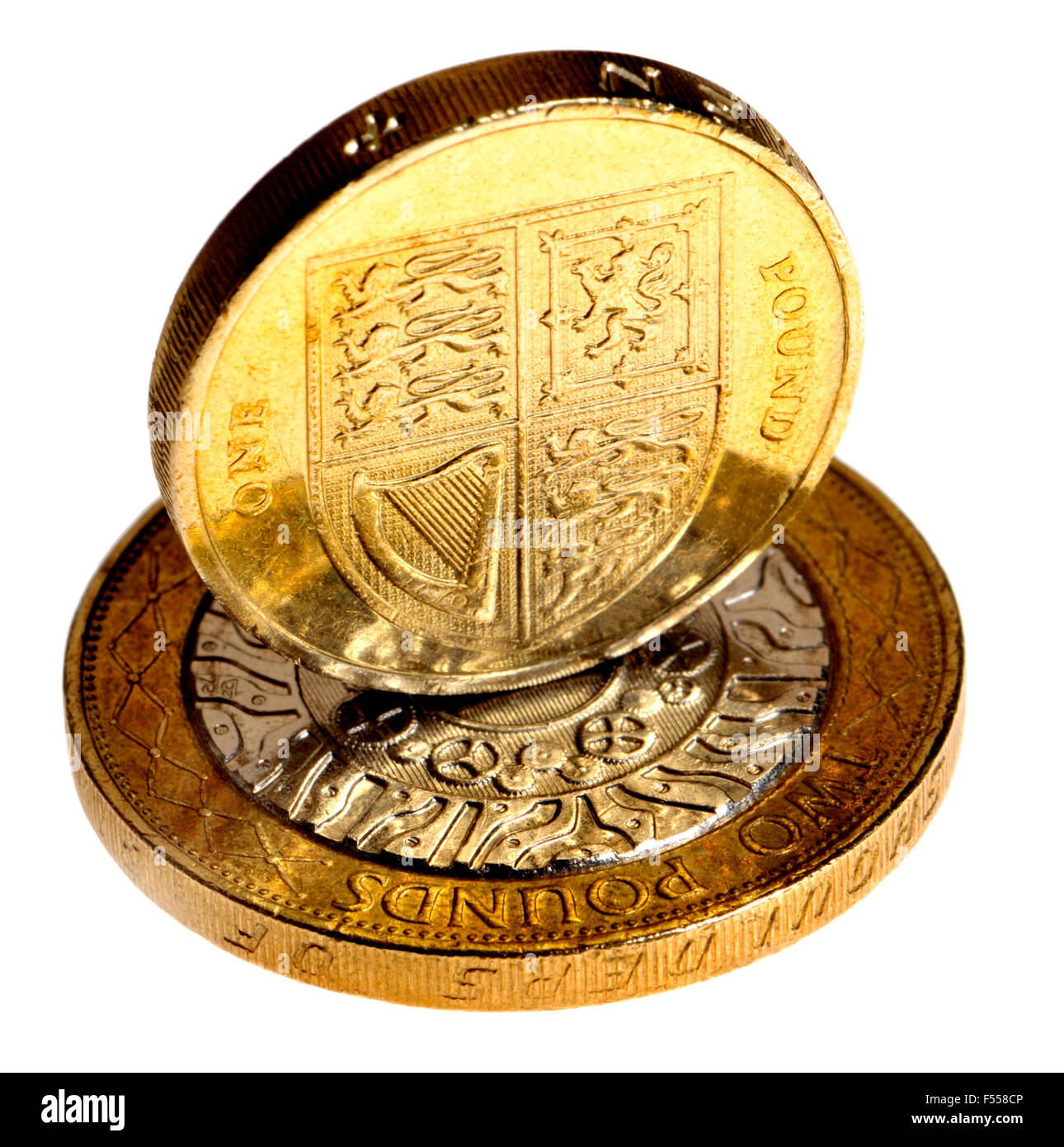 British monete - £ 1 in piedi su un £2 moneta Foto Stock