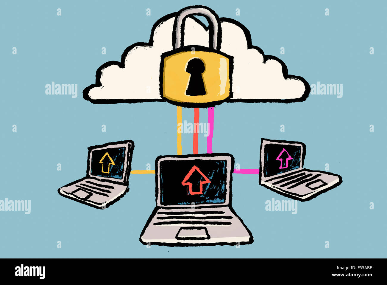 Illustrazione di computer portatili connessi al cloud contro sfondo blu Foto Stock