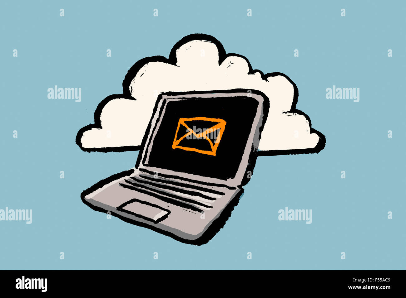 Illustrazione di laptop con e-mail firmare e cloud contro sfondo blu Foto Stock