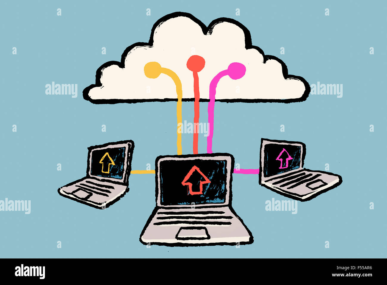 Illustrazione di computer portatili connessi al cloud contro sfondo blu Foto Stock