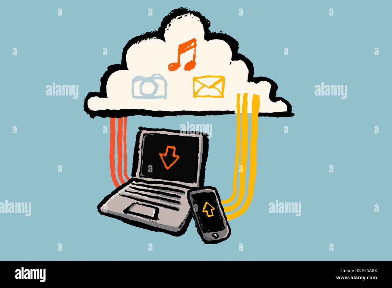 Illustrazione di tecnologie cloud e con simboli multimediali contro sfondo blu Foto Stock