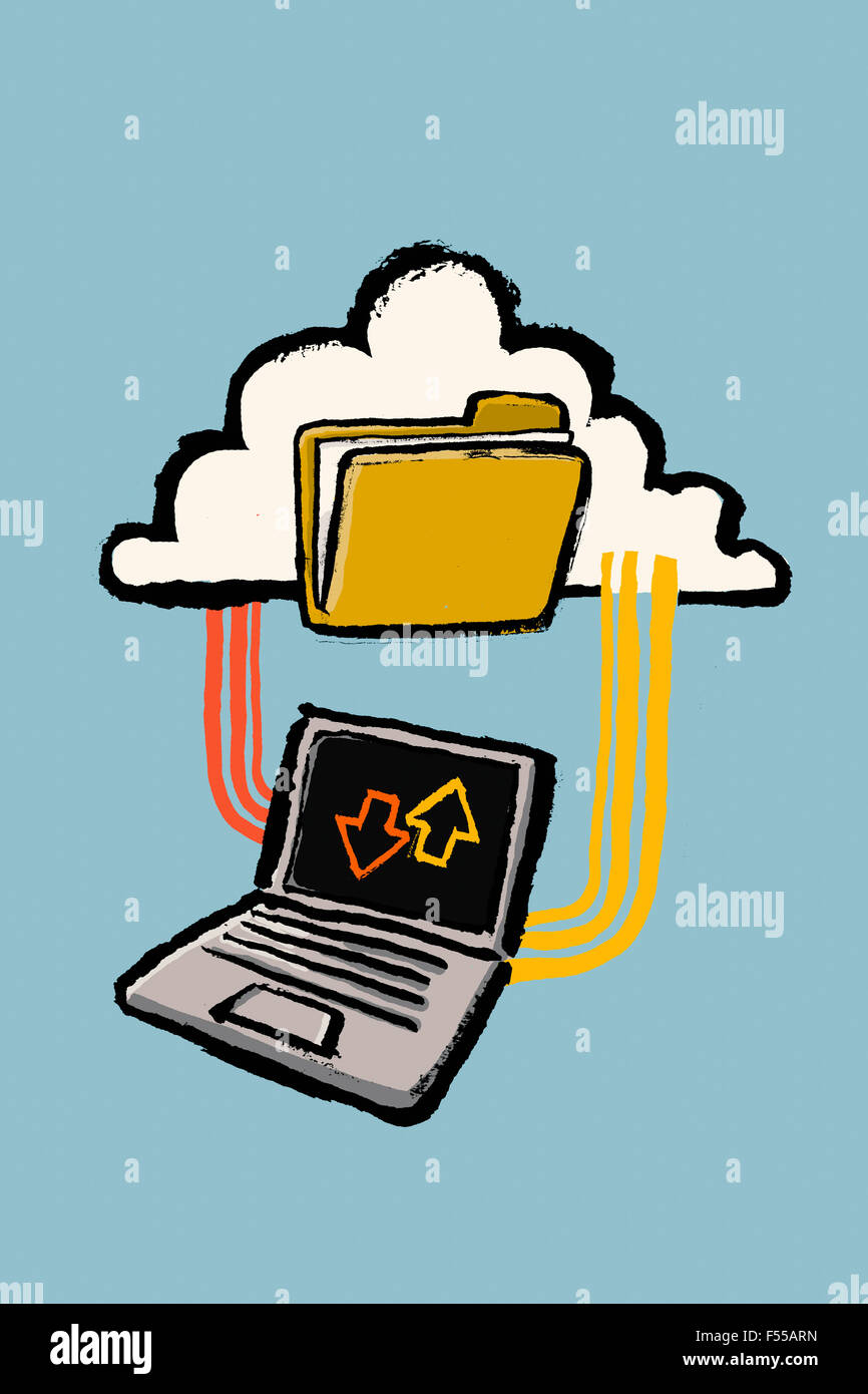 Illustrazione di un laptop collegato al cloud con cartella contro sfondo blu Foto Stock