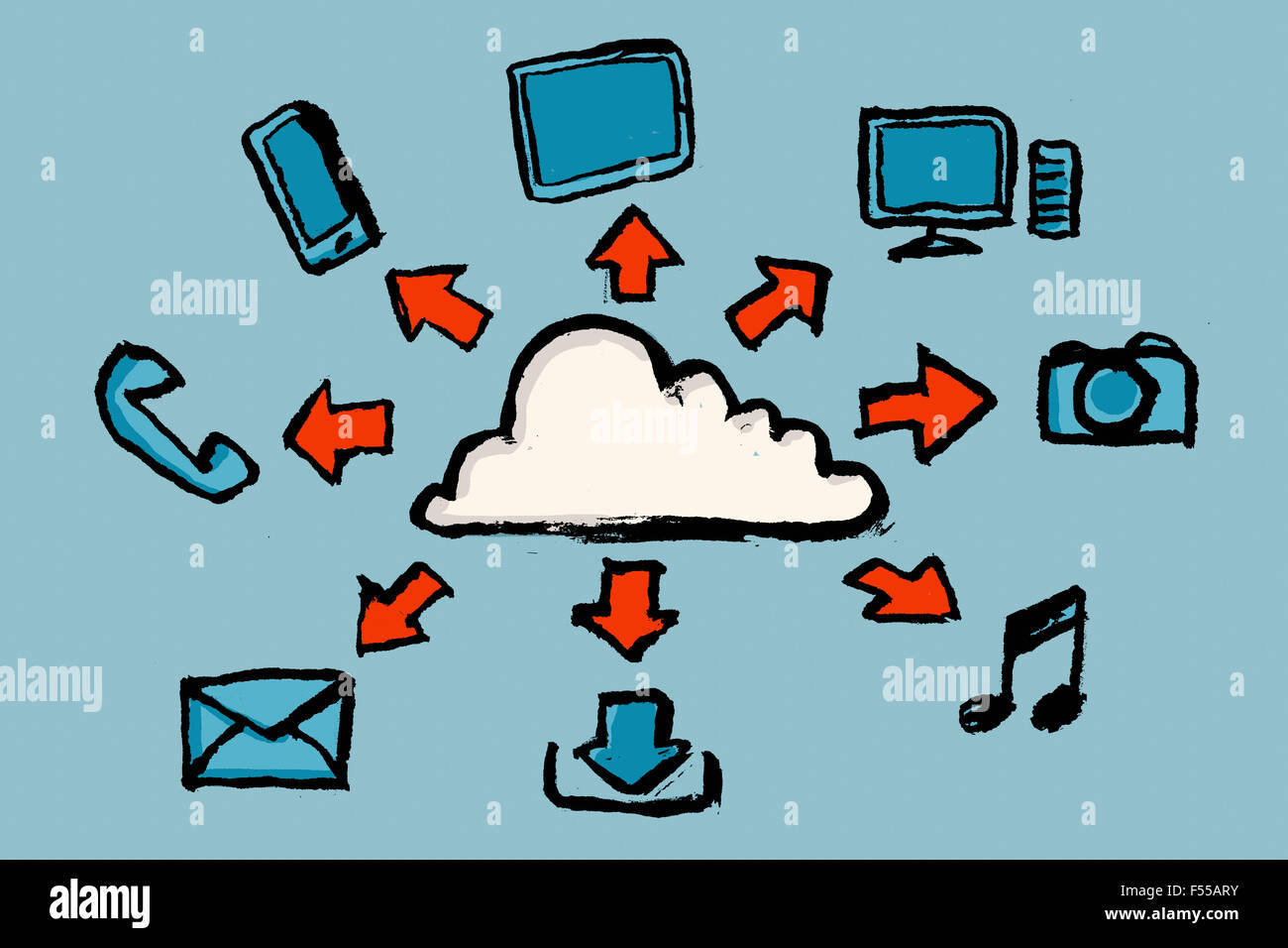 Immagine illustrativa del cloud computing contro sfondo blu Foto Stock