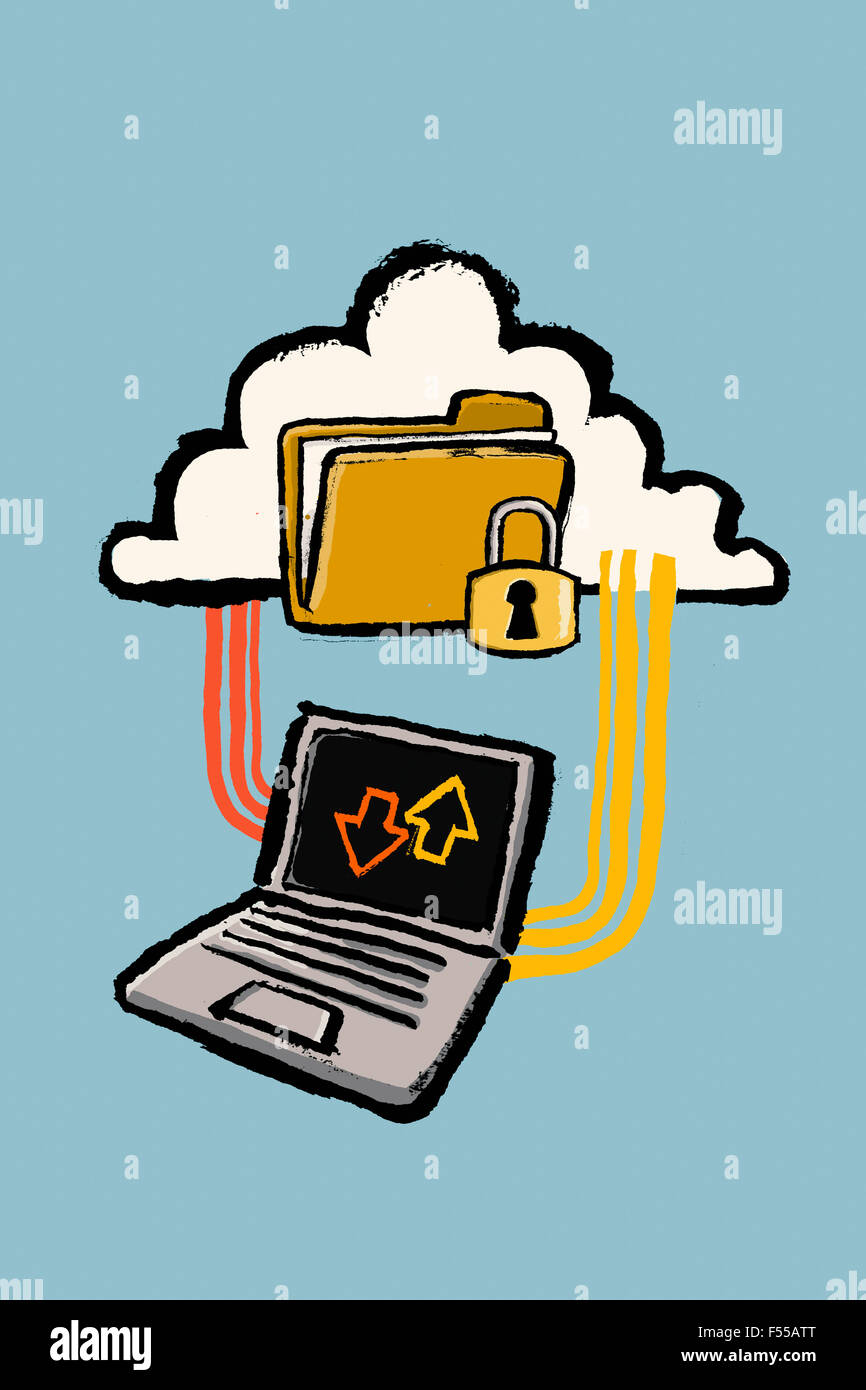 Illustrazione del laptop collegato al cloud computing con la cartella protetta contro sfondo blu Foto Stock