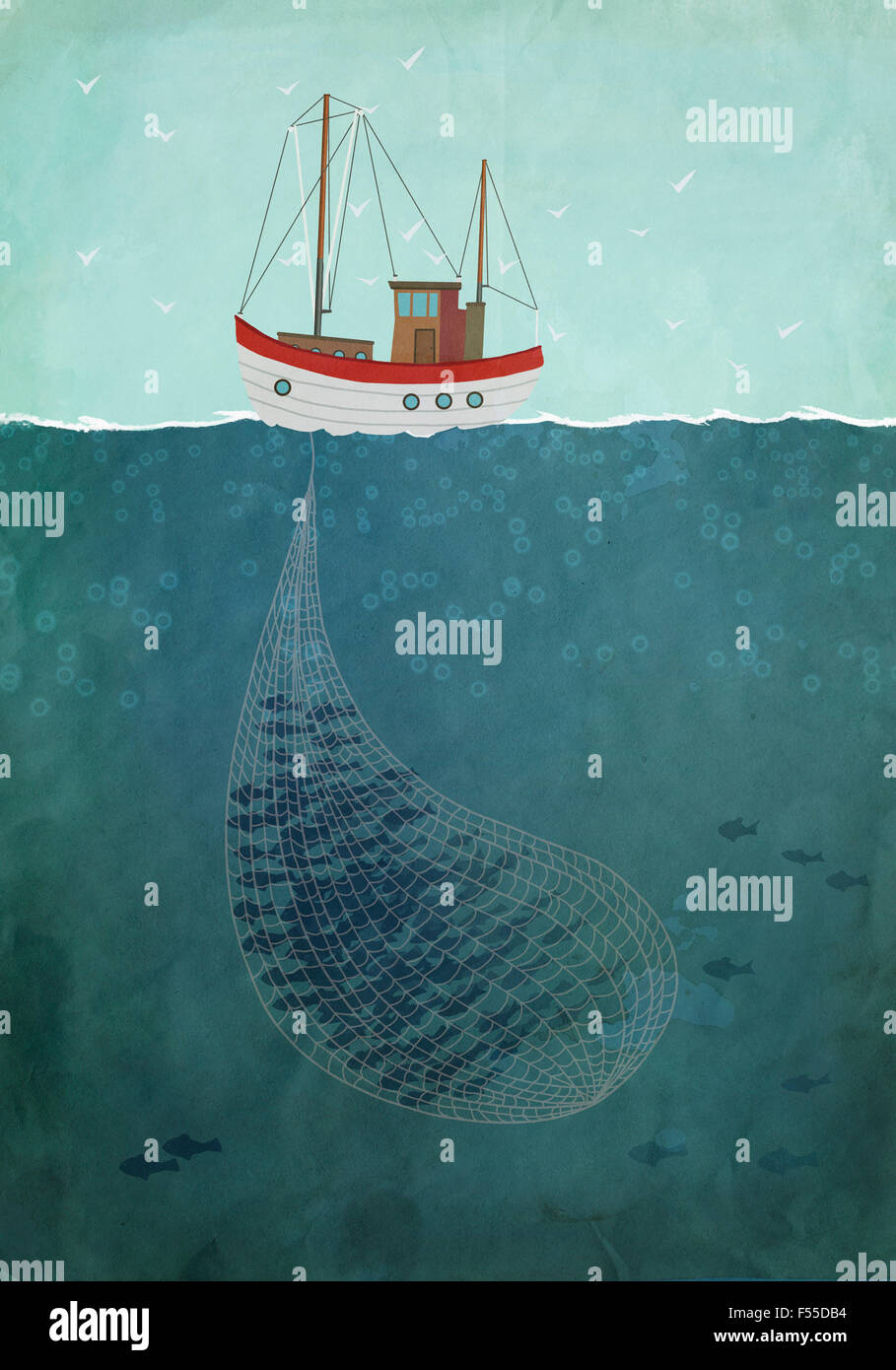 Immagine illustrativa del peschereccio in mare Foto Stock