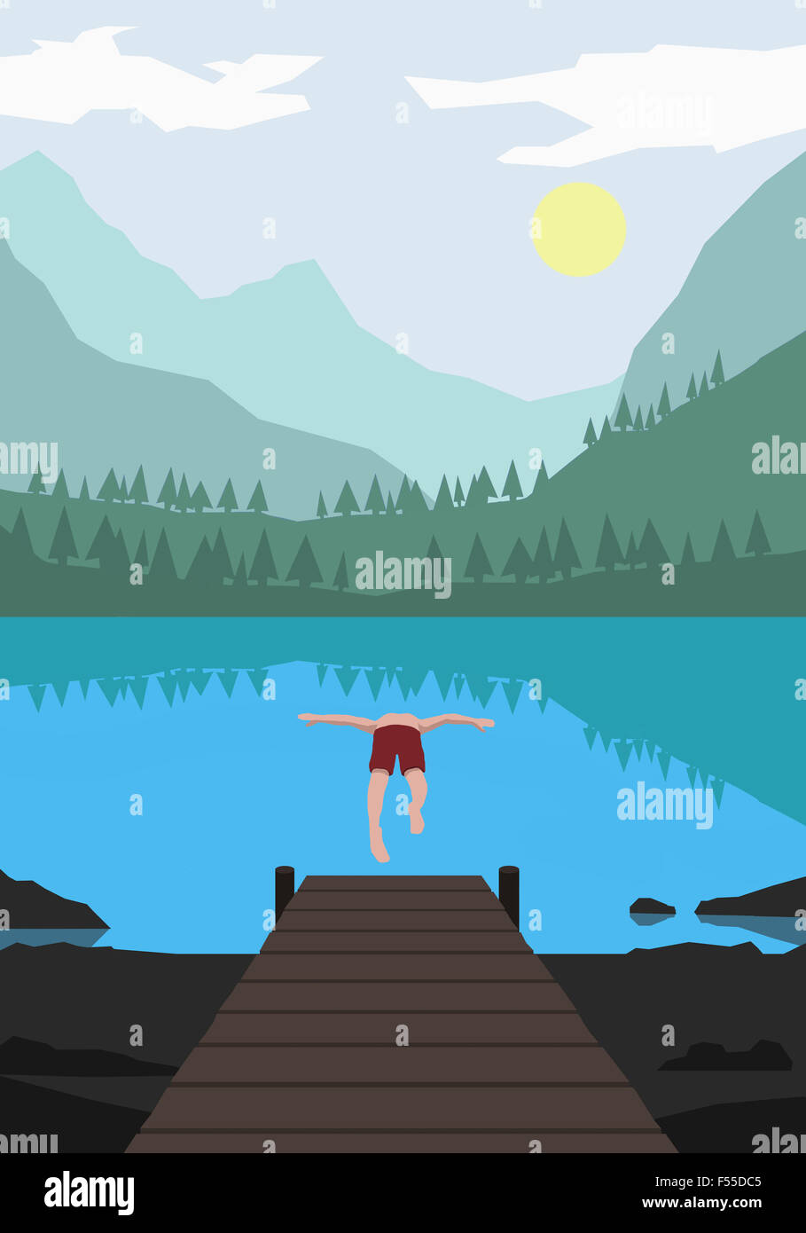 Illustrazione dell'uomo le immersioni nel lago contro le montagne Foto Stock