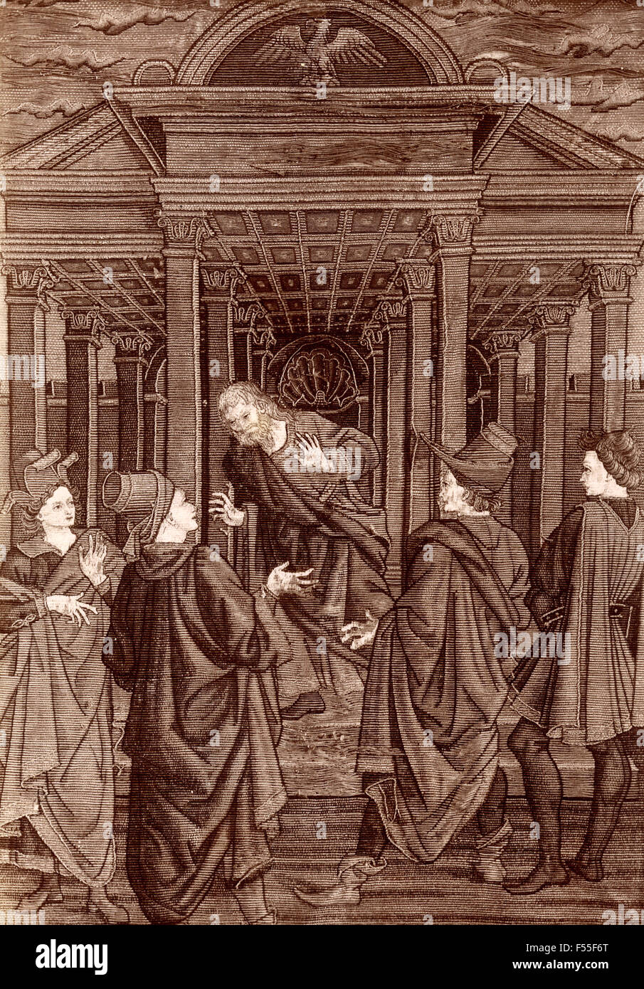 Museo di Santa Maria del Fiore, Zaccaria annunciando il destino del tempio di buon auspicio ricevuto notizia, progettato da Antonio del Pollaiuolo, ricami artisti del XV secolo Foto Stock