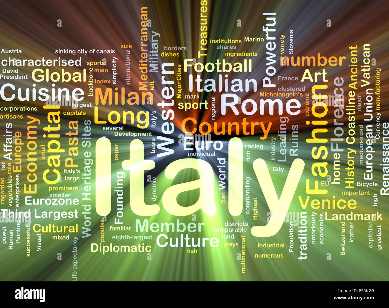 Concetto di sfondo wordcloud illustrazione dell Italia luce incandescente Foto Stock