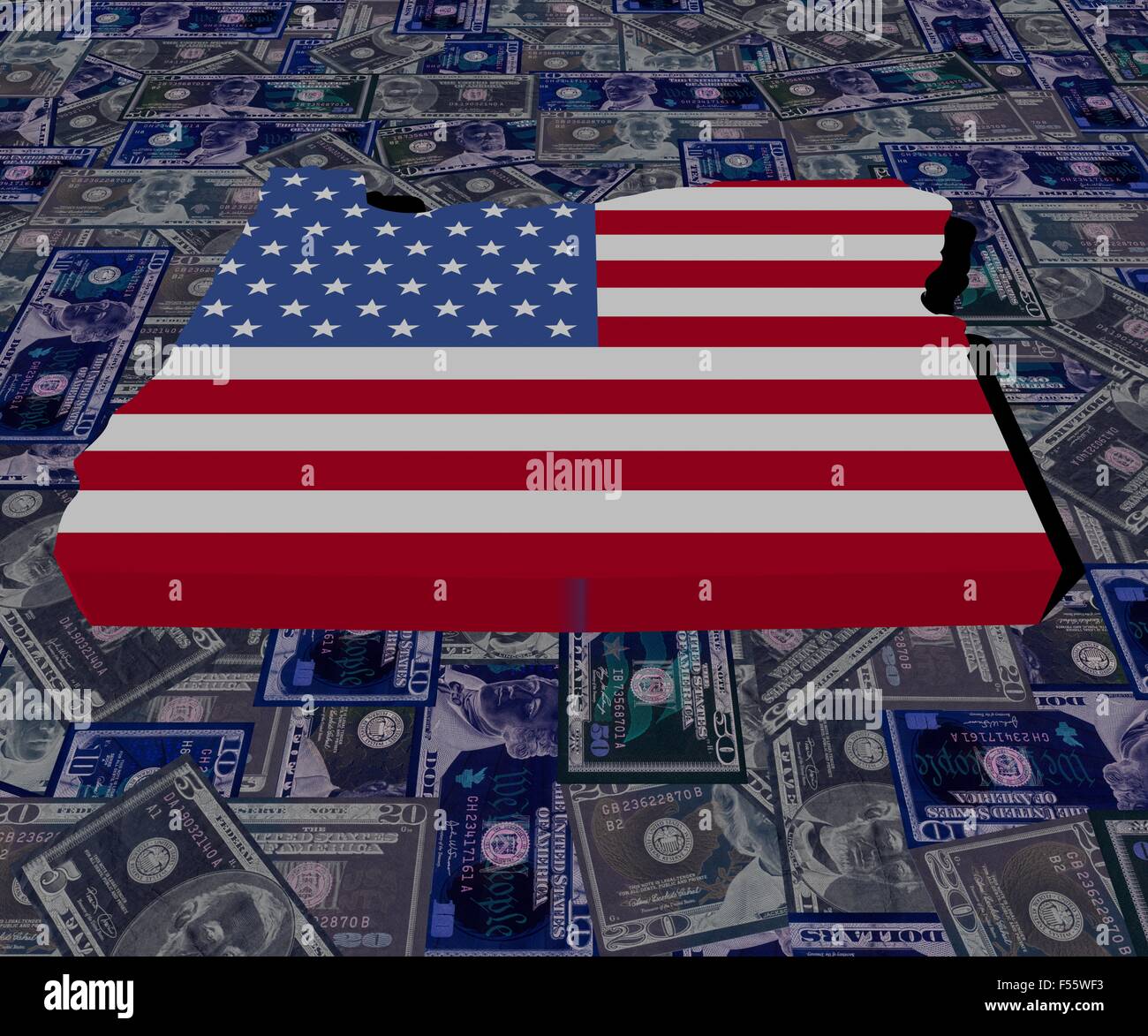 Mappa di Oregon bandiera su di dollari illustrazione Foto Stock