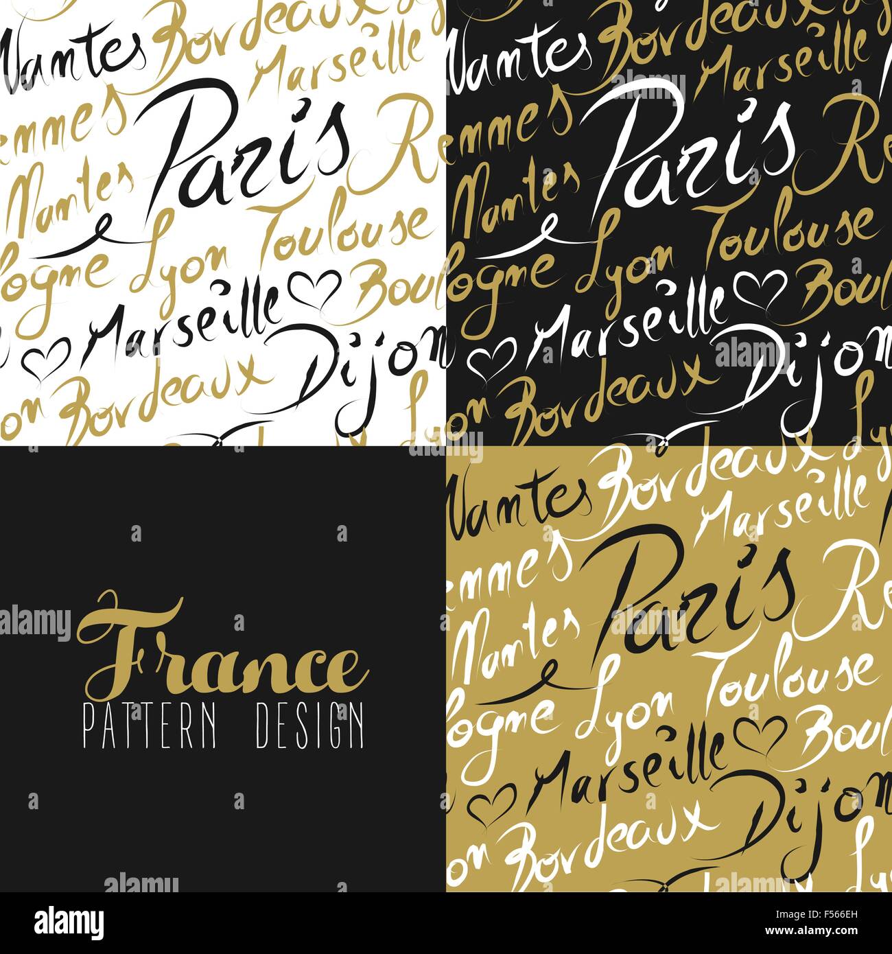Viaggiare in Francia Europa celebri città con la calligrafia fatti a mano. La città di Parigi, Lione, Tolosa, Marsiglia, Bordeaux. Modello senza giunture Illustrazione Vettoriale