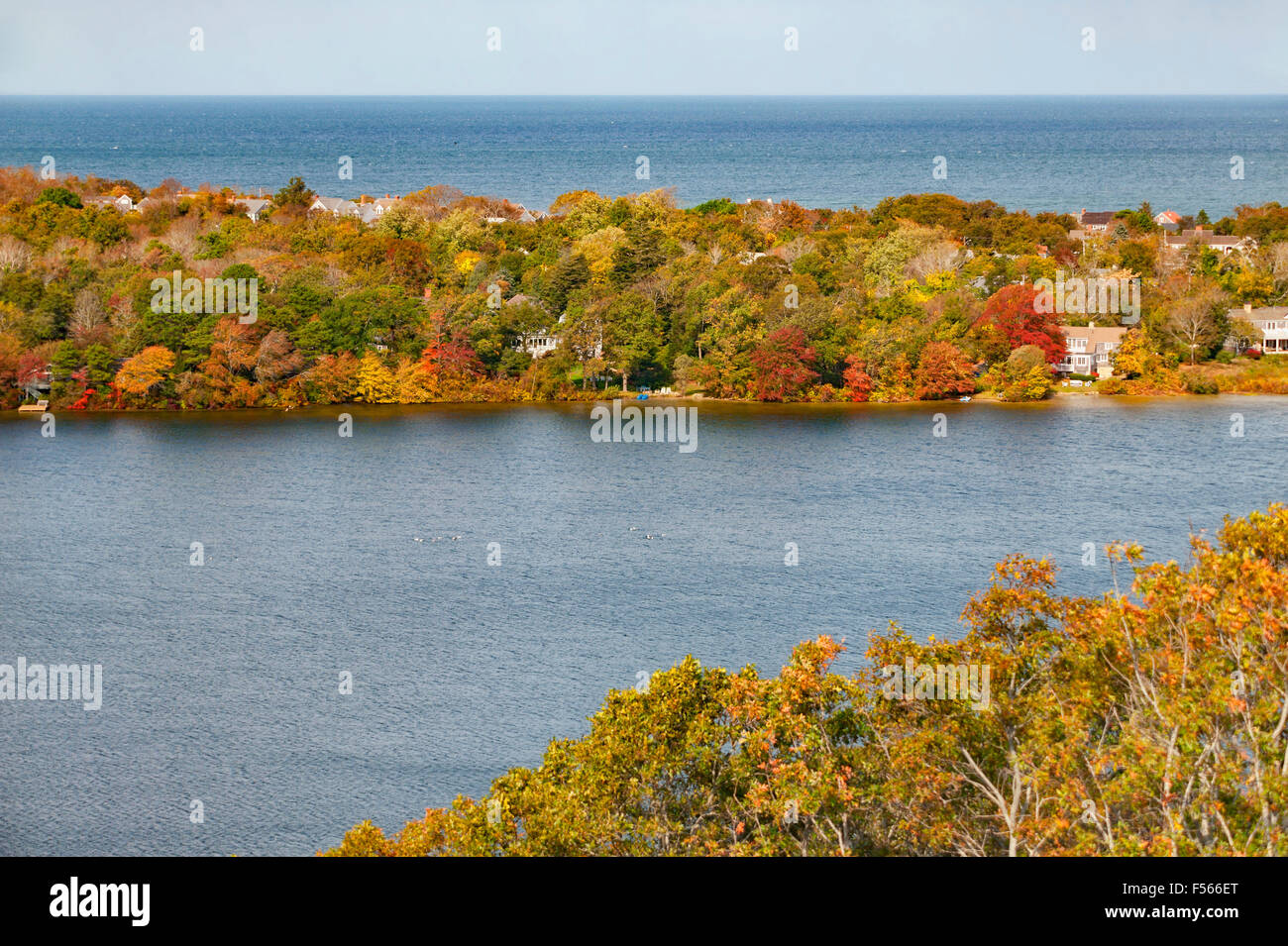 Birds Eye Scargo vista lago e la baia di Cape Cod con la caduta delle foglie visto dalla torre Scargo Dennis Cape Cod Massachusetts, cielo blu Foto Stock Birds Eye Scargo vista lago e la baia di Cape Cod con la caduta delle foglie visto dalla torre Scargo Dennis Cape Cod Massachusetts, cielo blu Foto Stock
