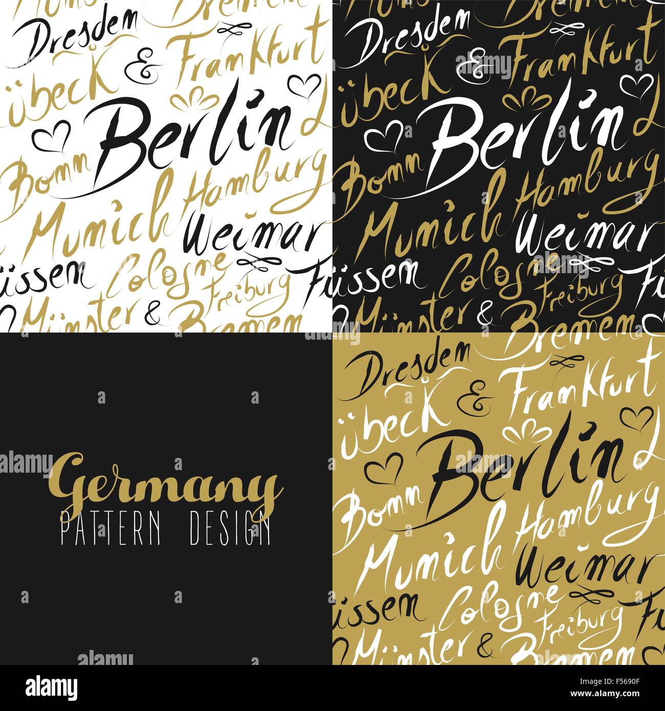 Viaggi Germania Europa celebri città con la calligrafia fatti a mano. La città di Berlino, Amburgo, Francoforte, Monaco di Baviera, Brema. Modello senza giunture Illustrazione Vettoriale
