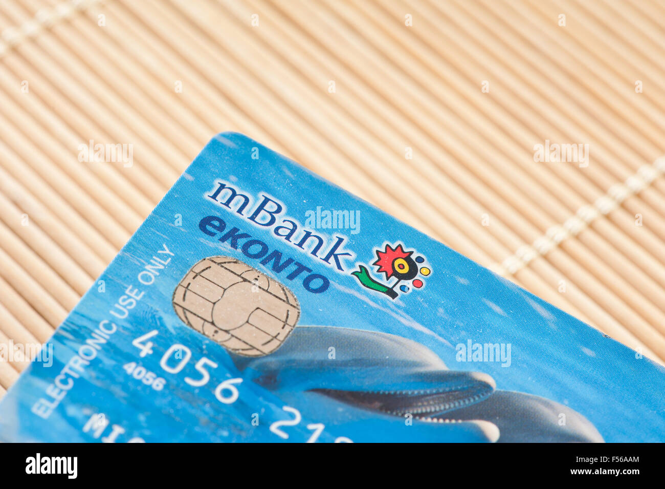 MBank Debit Card in Polonia, eKonto valuta PLN card per gli acquisti senza contanti, uso elettronico solo, di colore blu con i delfini... Foto Stock