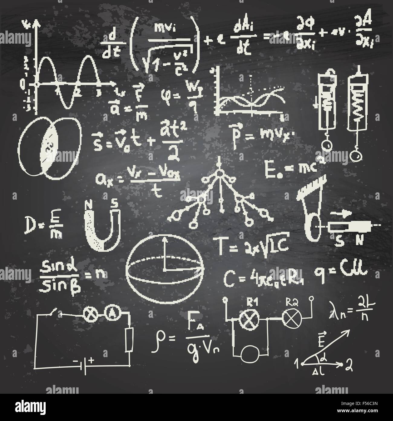 Le formule di fisica e disegni su una lavagna Immagine e Vettoriale - Alamy