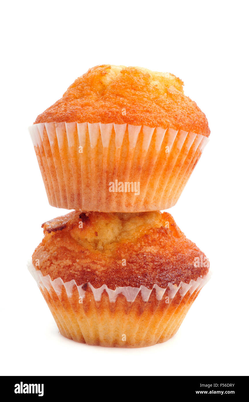 Due magdalenas tipica spagnola plain muffin, su sfondo bianco Foto Stock