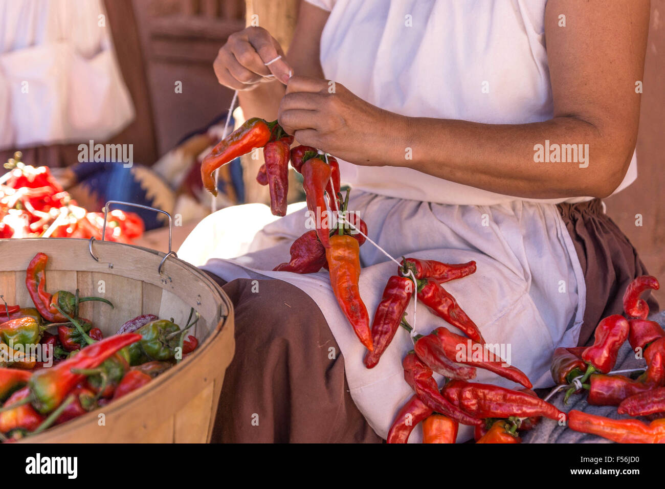 Donna stringing un chili riestra al Rancho Las Golondrinas vicino a Santa Fe, New Mexico. Foto Stock
