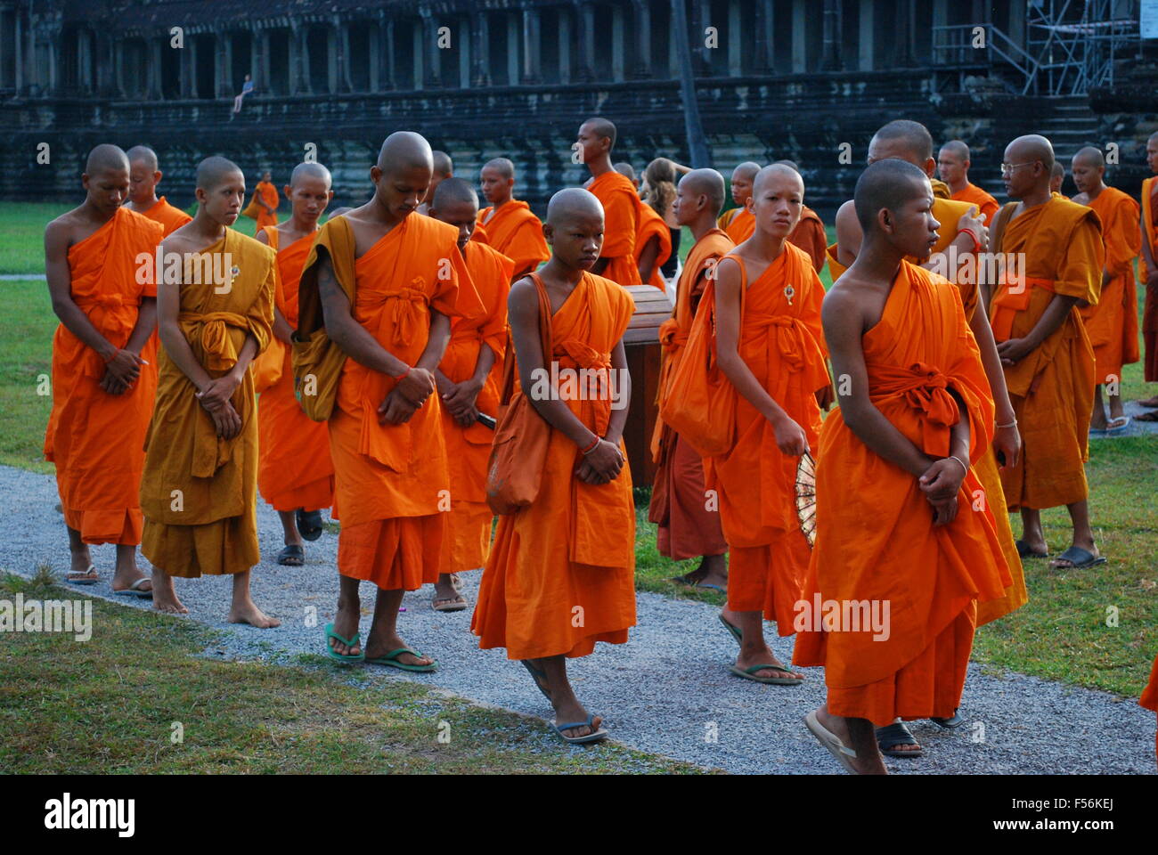 La linea dei monaci buddisti a piedi passato Angkor Wat complesso. Angkor Wat è stato per la prima volta un Indù, successivamente, un tempio buddista complesso. Foto Stock