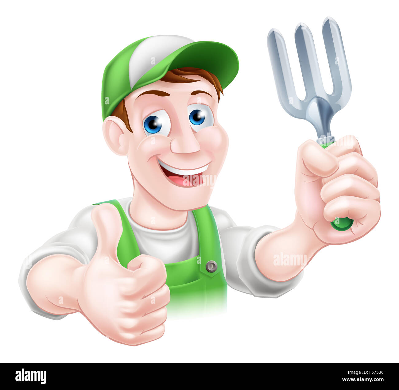 Un cartoon giardiniere carattere in un cappuccio e salopette da verde tenendo un giardino attrezzo forcella e dando un pollice in alto Foto Stock