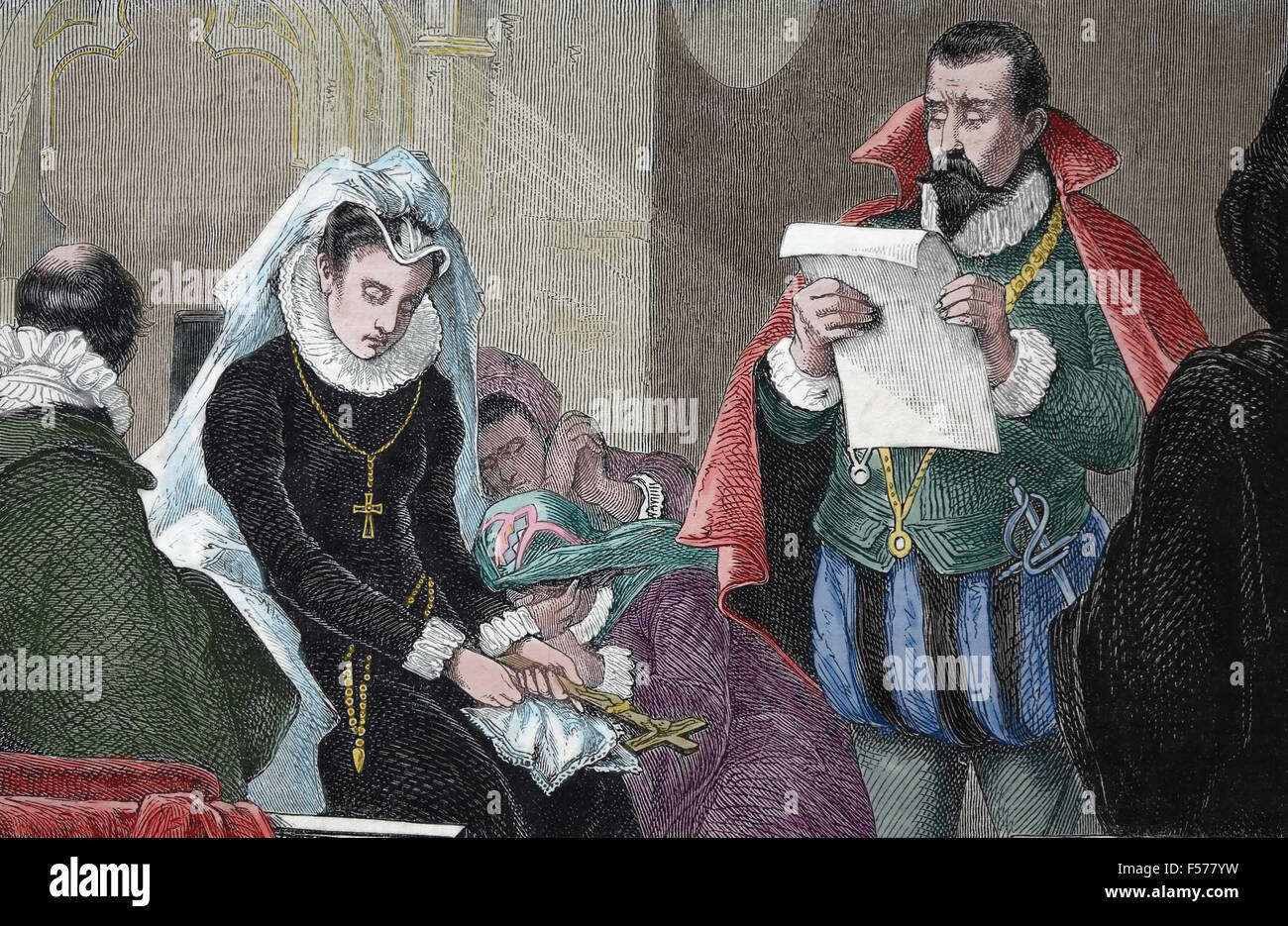 Regina di Scozia Maria Stuart (1542-1587). La condanna di morte. Incisione di P. Sporrer. Almanacco. L'illustrazione, 1880, Spagna. Foto Stock