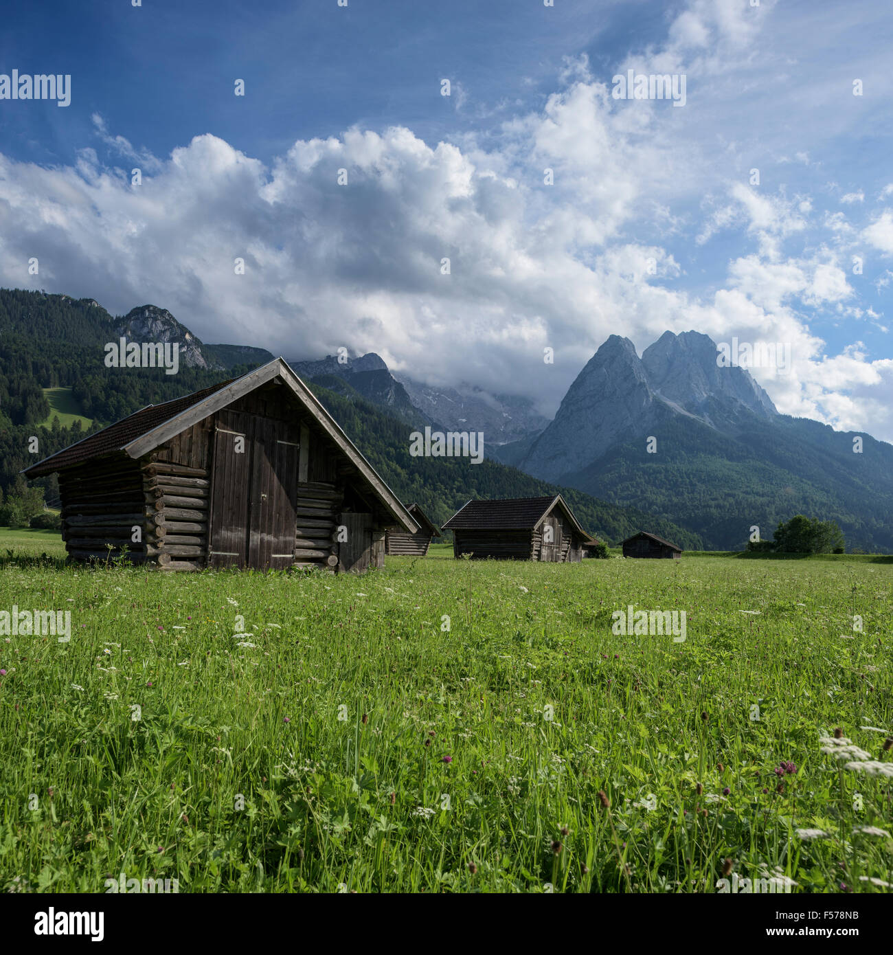 Il fieno in legno fienili in campo con le montagne sullo sfondo, Garmisch-Partenkirchen, Baviera, Germania Foto Stock