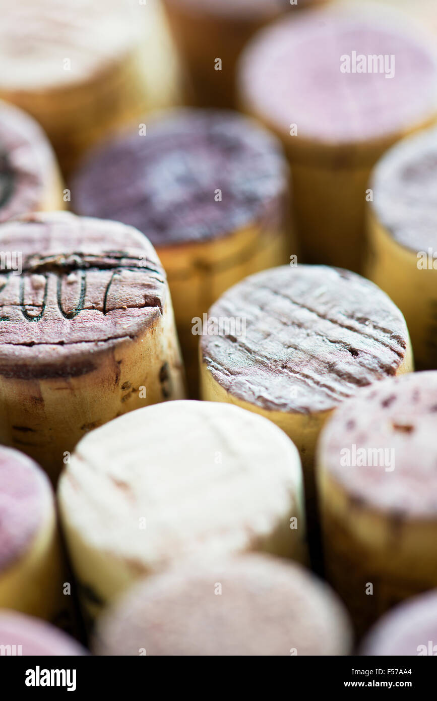 Close up di vino i tappi di sughero. Raccolta di sughero con varietà. Concetto di fare o di bere vino. Foto Stock
