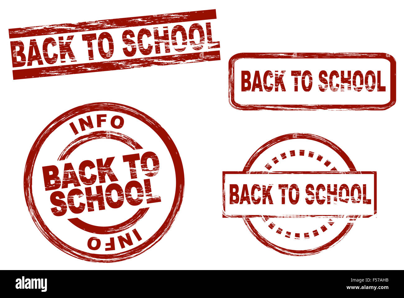 Serie di francobolli stilizzati che mostra il termine torna a scuola. Tutto su sfondo bianco. Foto Stock