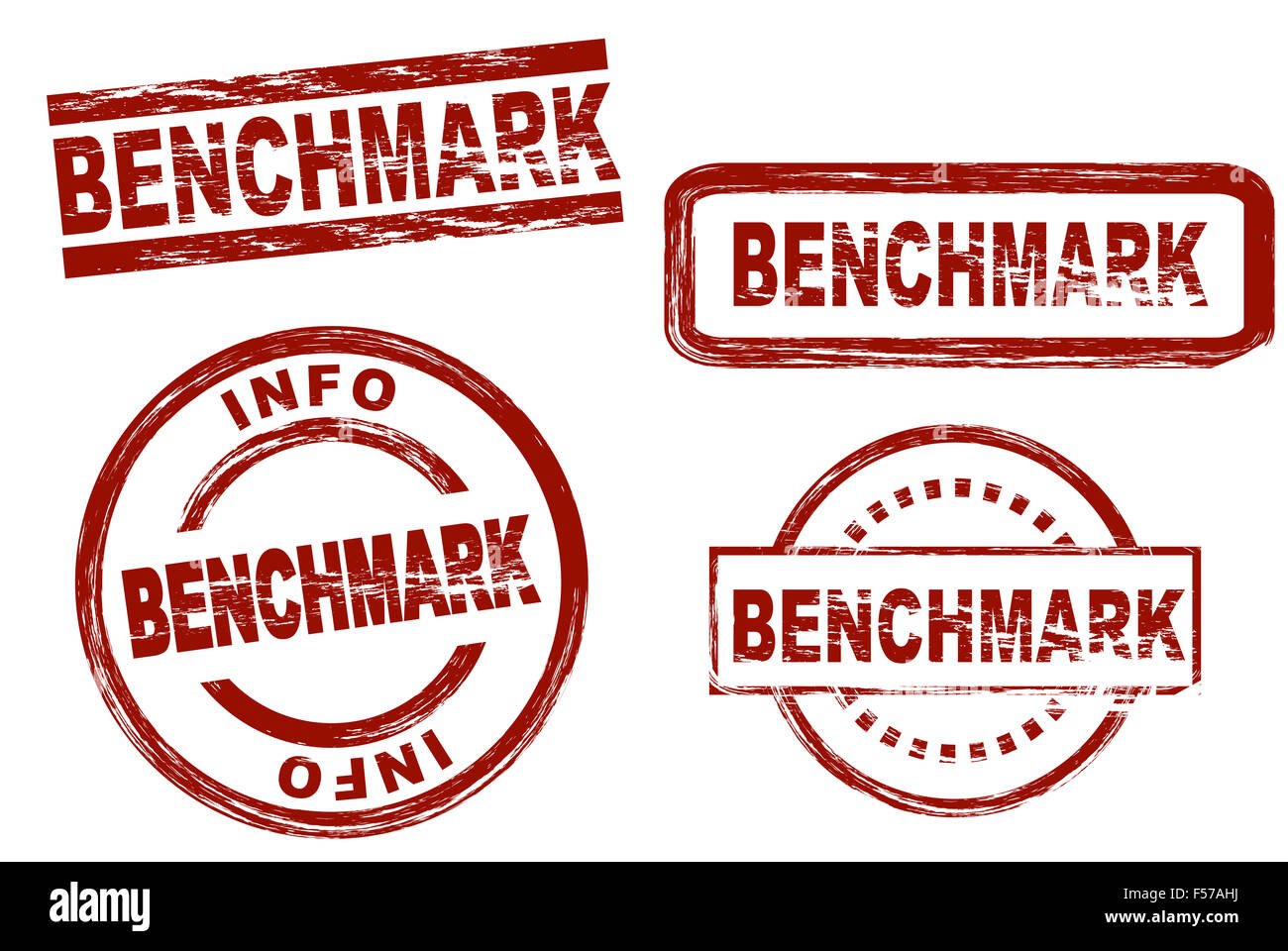 Serie di francobolli stilizzati che mostra il termine benchmark. Tutto su sfondo bianco. Foto Stock