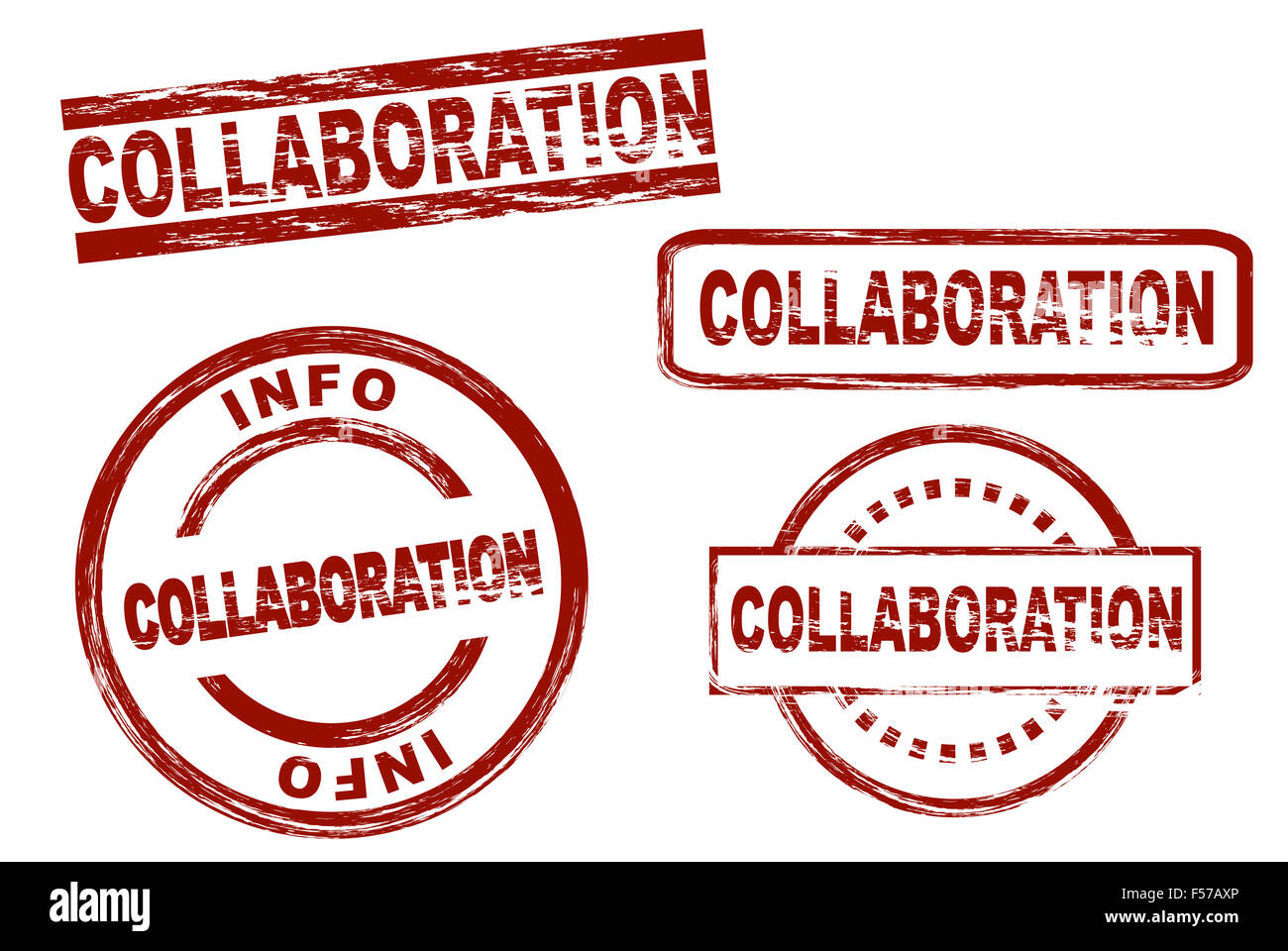 Serie di francobolli stilizzati che mostra il termine collaborazione. Tutto su sfondo bianco. Foto Stock