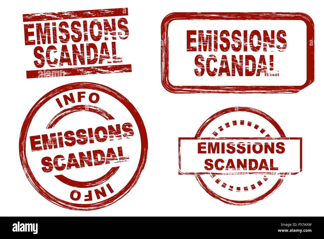 Serie di francobolli stilizzati che mostra il termine scandalo delle emissioni. Tutto su sfondo bianco. Foto Stock