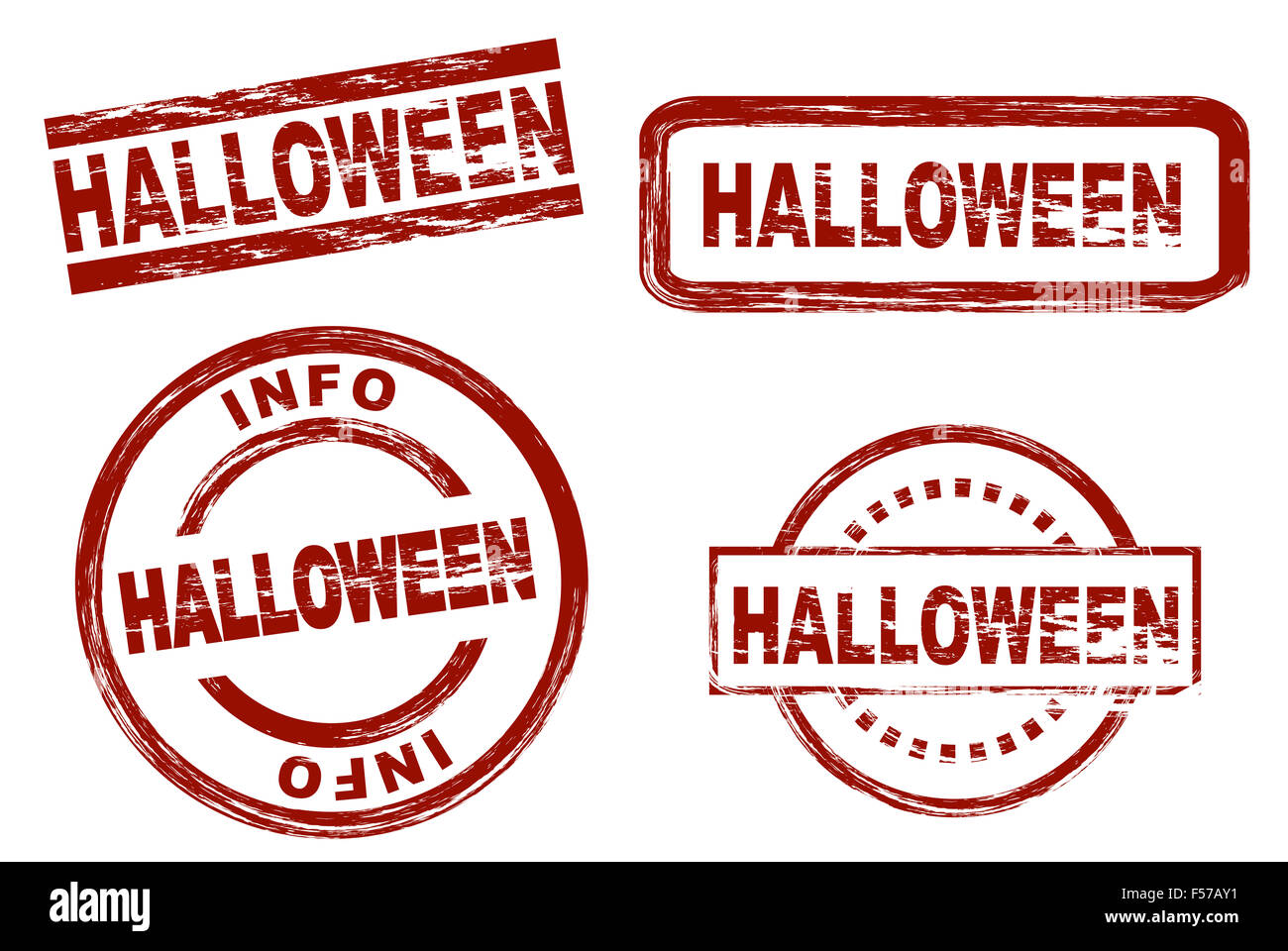 Serie di francobolli stilizzati che mostra il termine Halloween. Tutto su sfondo bianco. Foto Stock