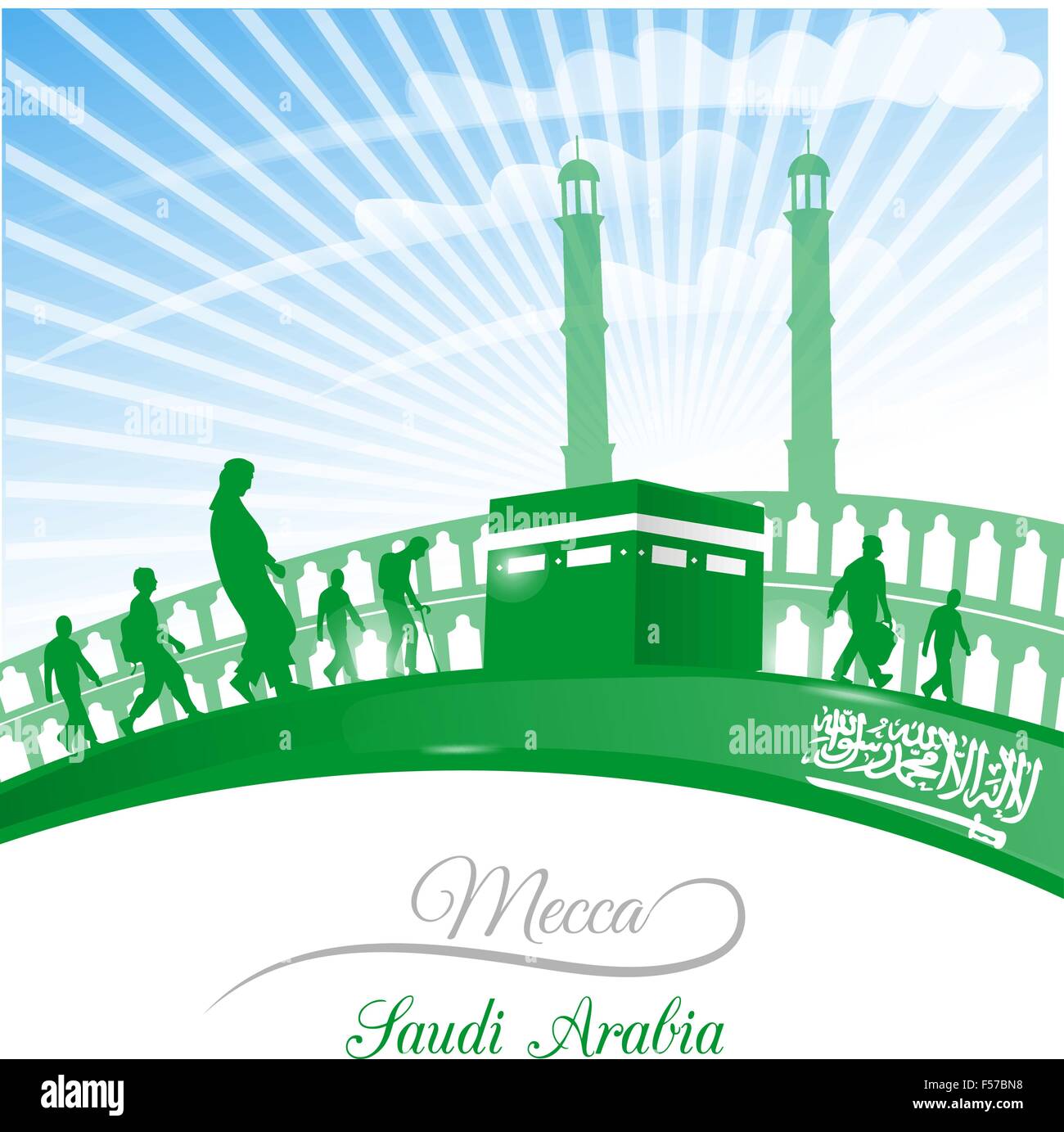 La mecca simbolo con Saudita Arabia bandiera su sfondo cielo Illustrazione Vettoriale