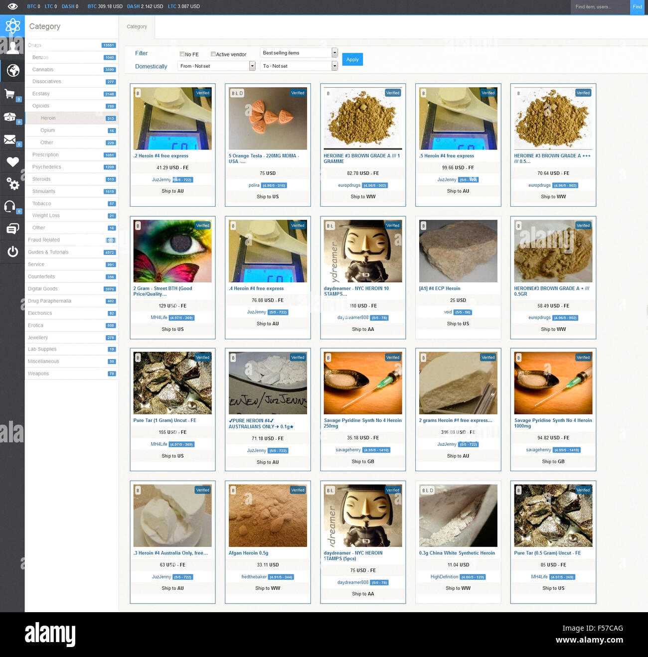 Nucleo Marketplace per traffico illecito di merci (farmaci, contraffazioni, armi) a cui si accede attraverso la darknet (rete Tor). Gli oppioidi, eroina sottocategoria pagina illustrata con immagini di vari tipi di eroina in offerta. Nucleo istituito il 24 novembre 2015, fotografia scattata: ottobre 2015. Foto Stock