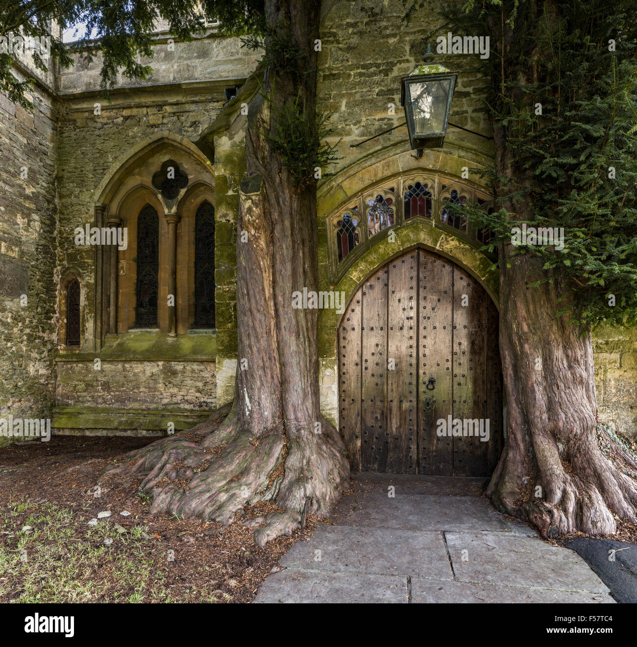 La porta nord di St Edwards chiesa con due antiche yew alberi su entrambi i lati, Stow on the Wold, Gloucestershire, England, Regno Unito Foto Stock