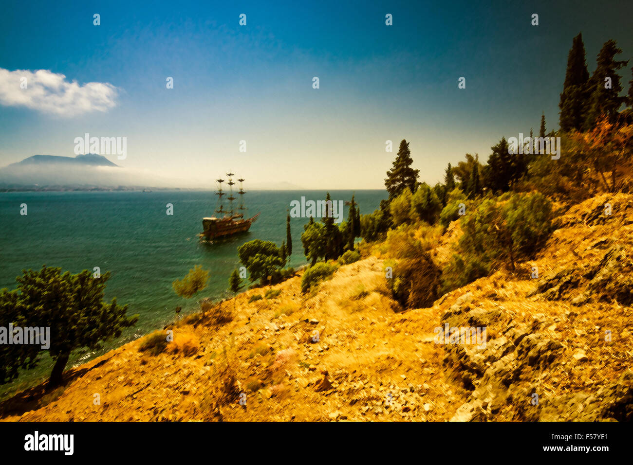 Barca a vela in rada. L'invecchiamento. Retrò. Foto Stock