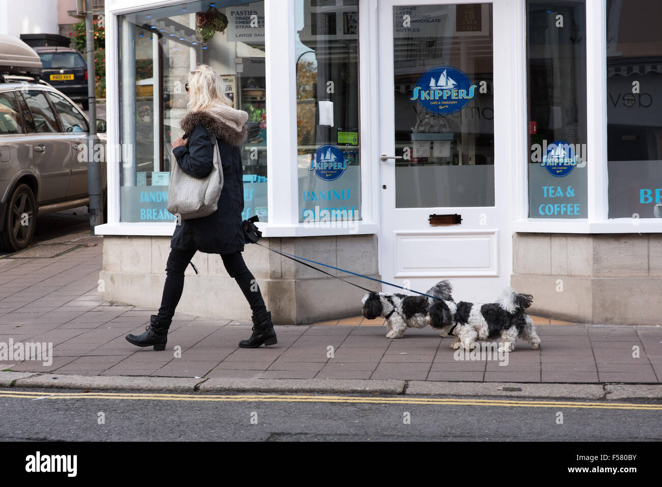 Donna bionda tenendo un grande designer borsetta di estensione lungo la strada con i suoi due preziosi cani su porta camminando dietro di lei Foto Stock