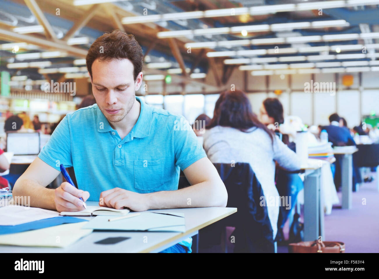 Studenti che lavorano nella moderna biblioteca pubblica di università Foto Stock