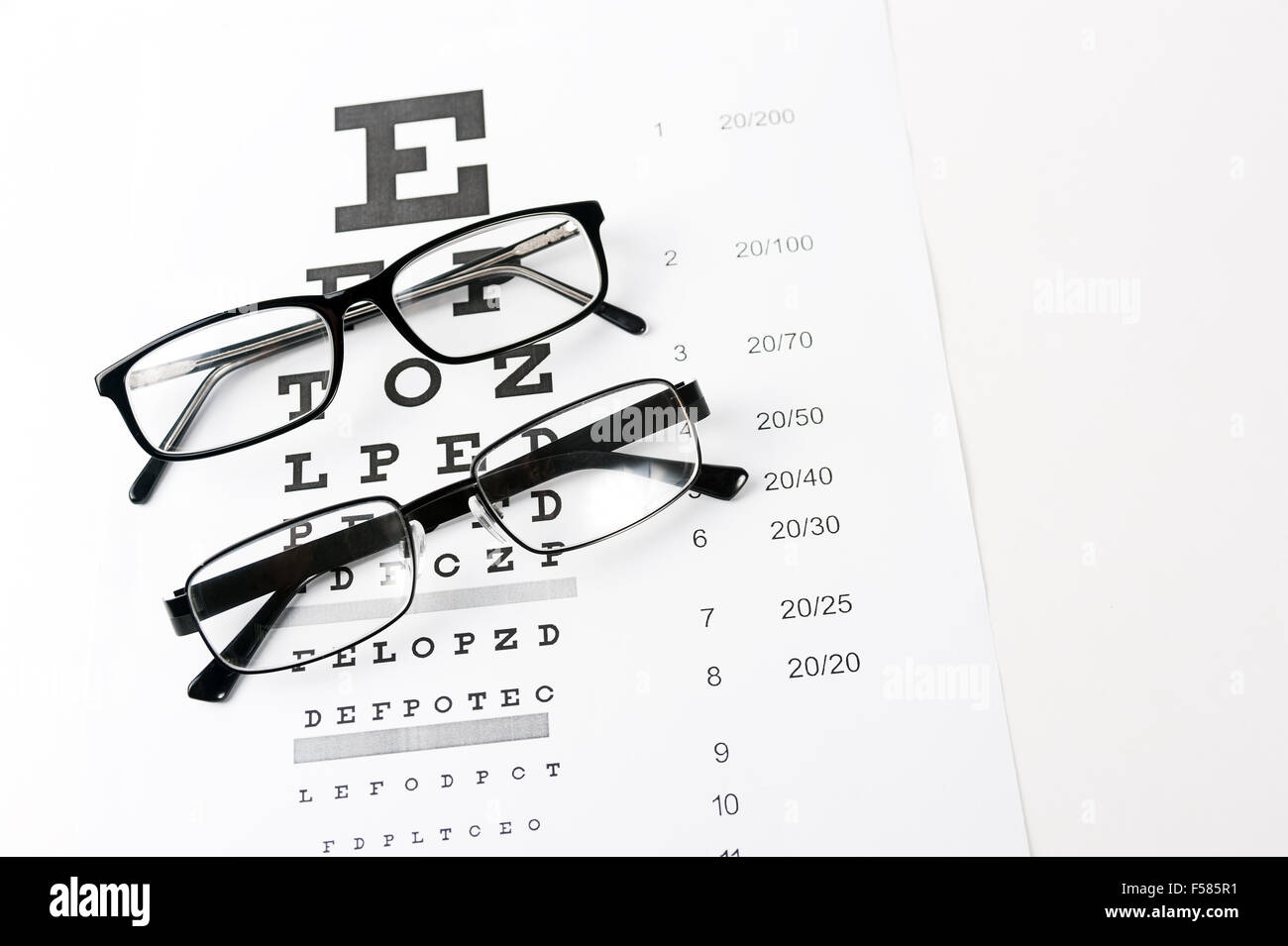 Occhiali sulla visita oculistica sfondo grafico close up Foto Stock
