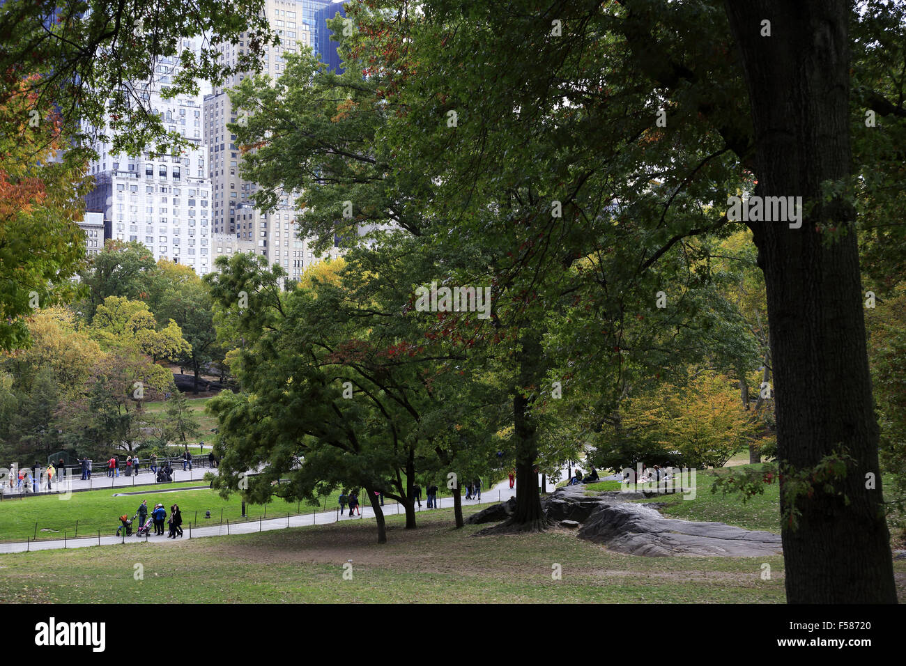 Vista di Central Park con alti edifici di appartamenti a Central Park South in background. Manhattan, New York City, Stati Uniti d'America Foto Stock