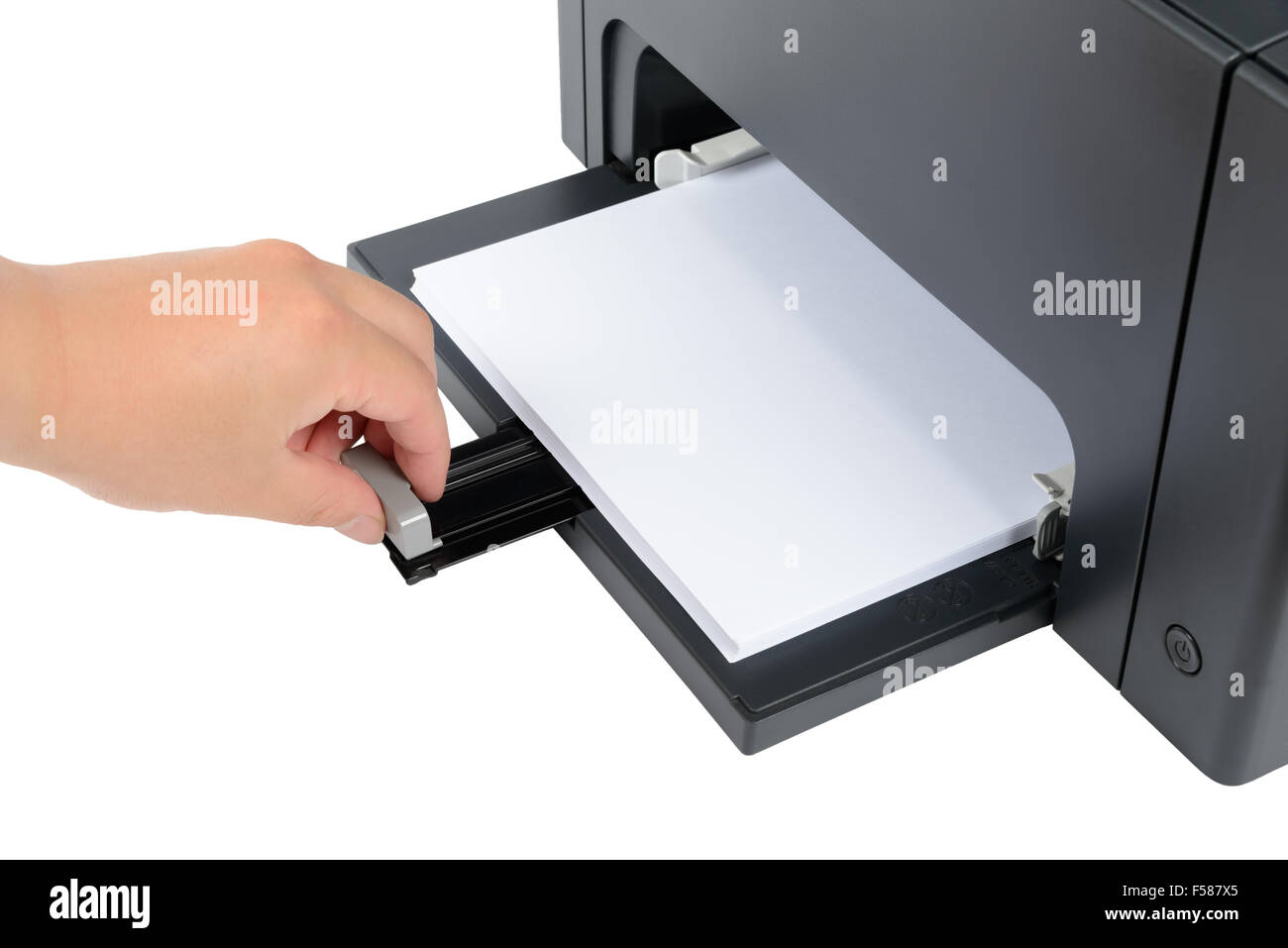 Completa la carta in formato A4 in una stampante laser, isolato su bianco Foto Stock