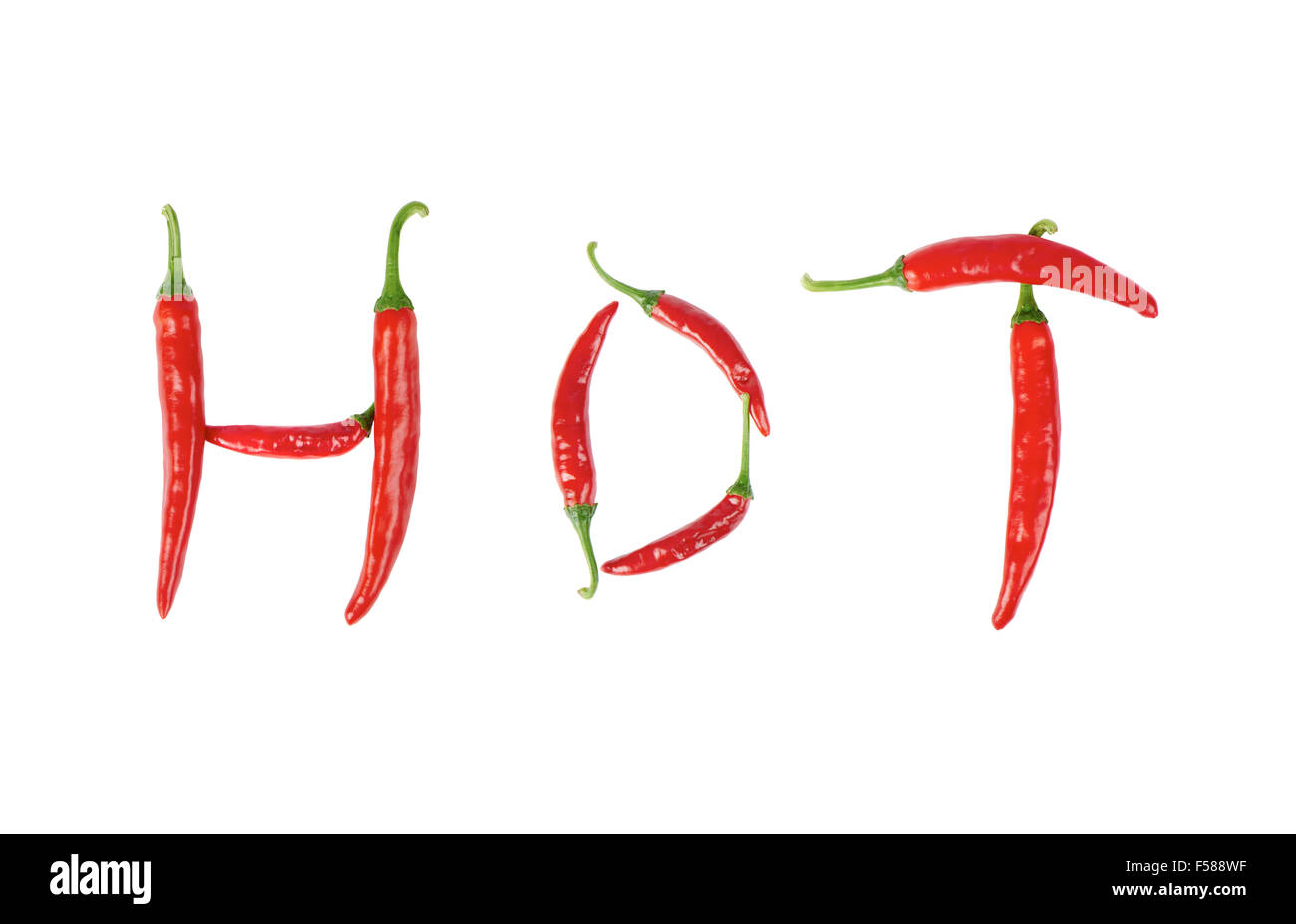 Il testo 'caldo' in peperoncino rosso, isolato su bianco Foto Stock