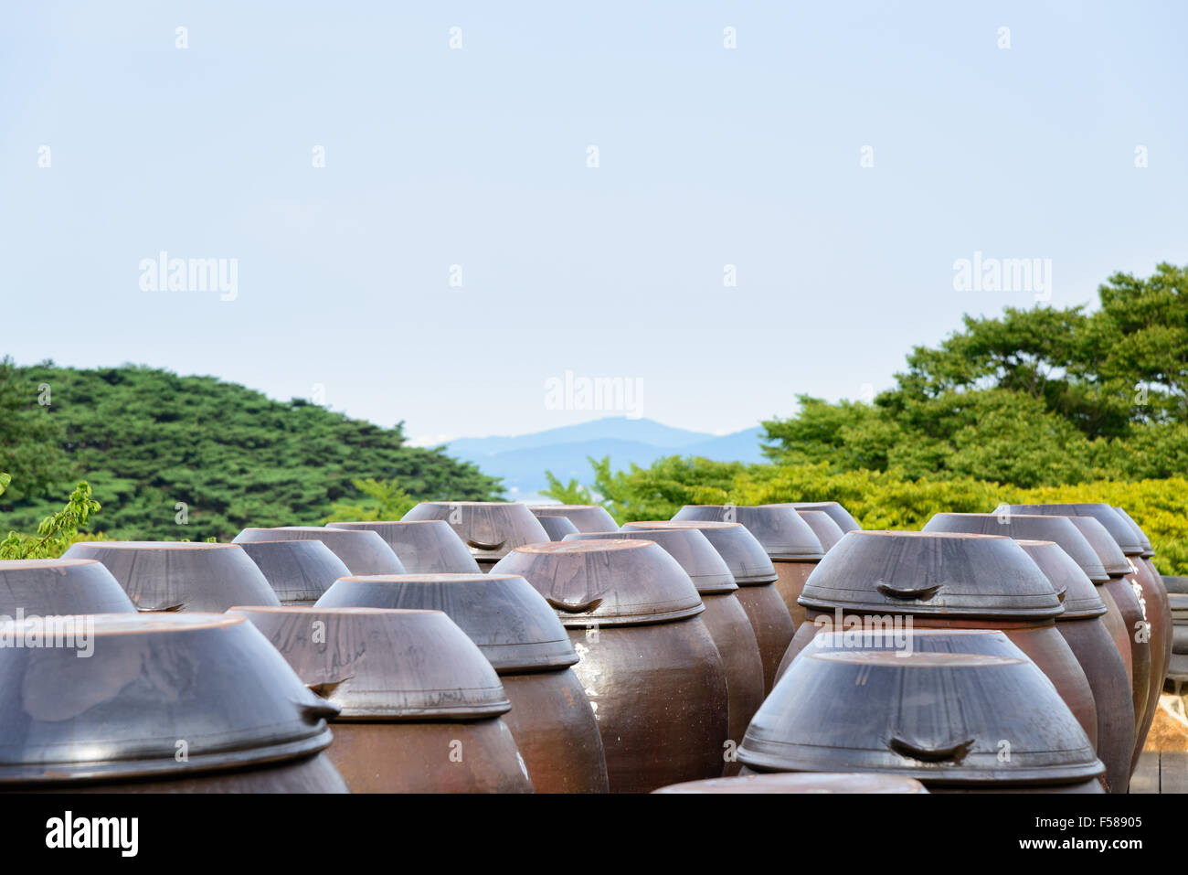 Piattaforma per la rende inabile al lavoro di riso crudo vino (chiamato Makgeolli) in Corea. Foto Stock