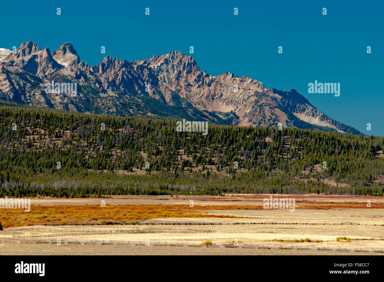 Le Sawtooth Mountains, morena laterale e il fiume da salmone corridoio ripariale in valle a dente di sega, Idaho Foto Stock