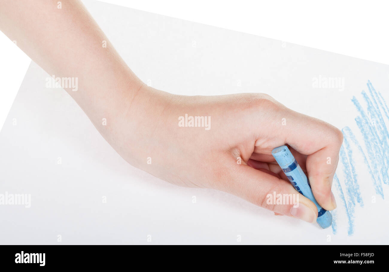 Disegna a mano dalla matita blu sul foglio di carta isolato su sfondo bianco Foto Stock